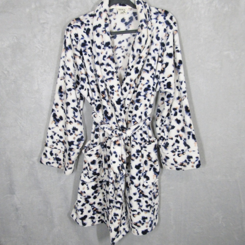 Soma L/XL Plush Fleece Robe Blue Leopard Print Soft Cozy Bathrobe Loungewear